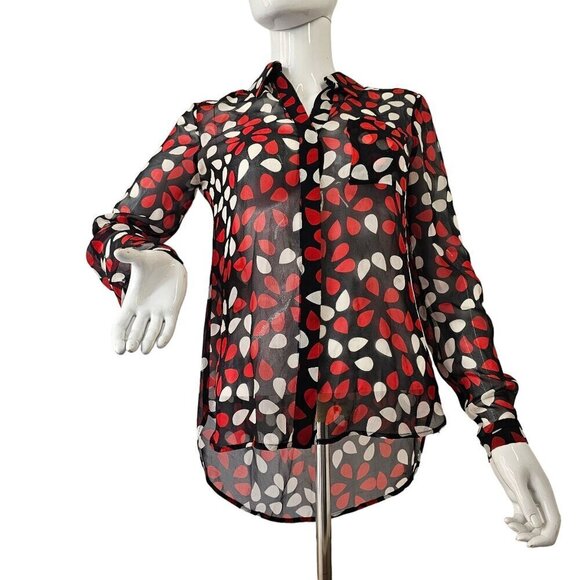 Diane Von Furstenberg 90s Sheer Silk Blouse Women 2 Red White on Black Long Slv - Picture 5 of 13